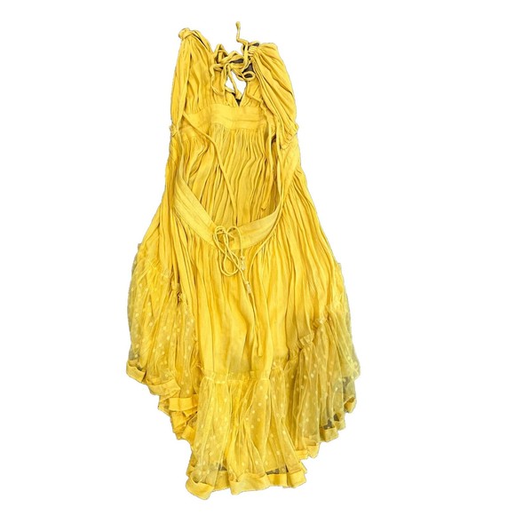 R.Vivimos Small Mustard Boho Halter  Backless Lace Polkadot Dip Hem Mini Dress - Picture 7 of 9